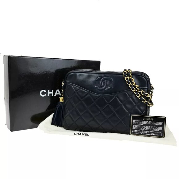 CHANEL CC Matelasse Tassel Chain Shoulder Bag Leather Navy Blue GHW Italy Vintag - Picture 1 of 16